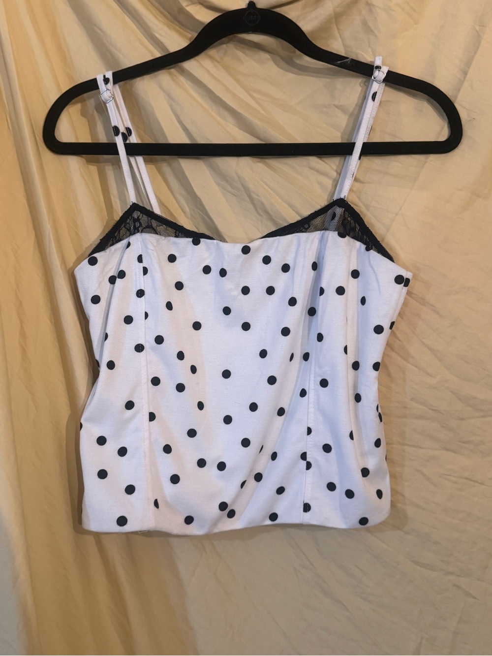 White polka dot lace-trim camisole, back-zip